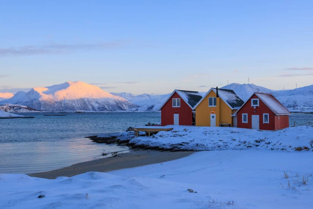 Home - Experience Tromsø Like a Local Red and yellow houses on a snowy shore near Tromsø