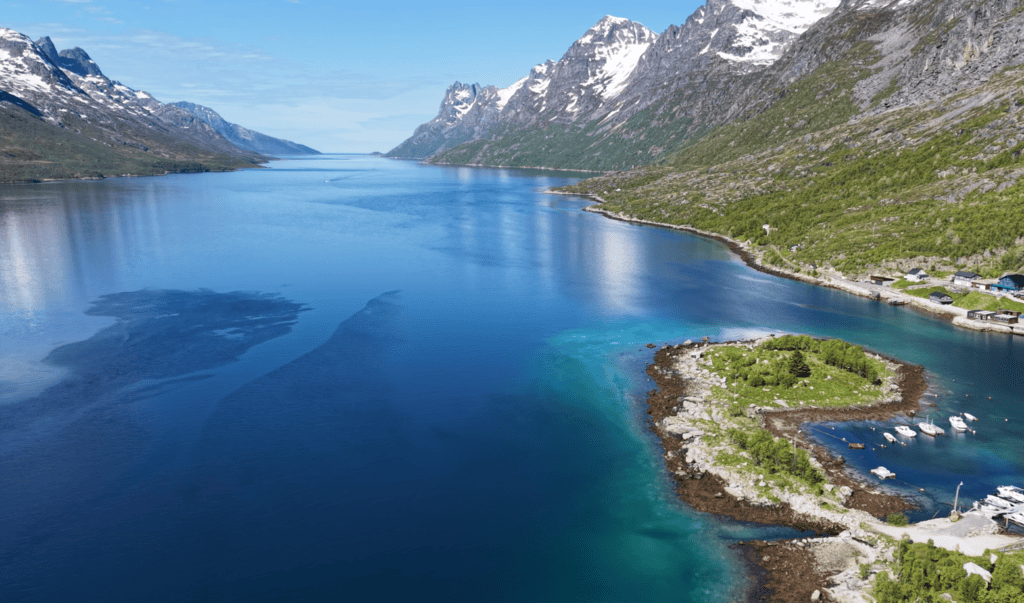 Beautiful fjord landscape with mountains and water in Tromsø, Norway.