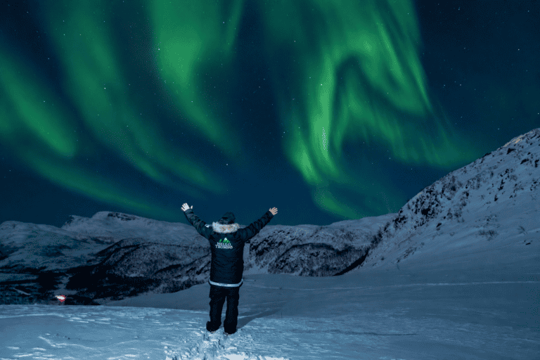 Person watching the Northern Lights in Tromsø with snow-covered mountains.
