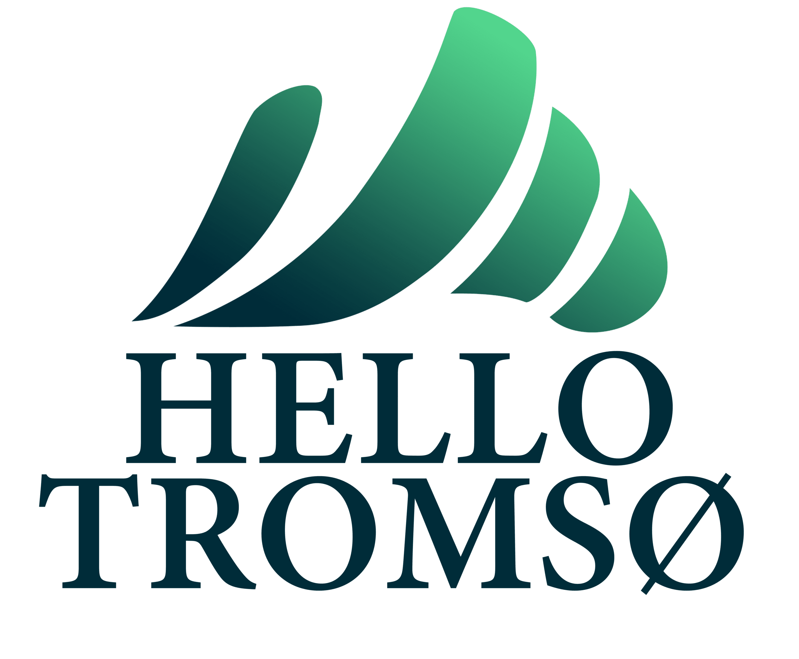 Hello Tromsø logo with stylized green waves and text for tourism promotion.
